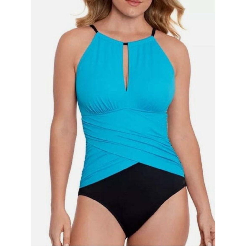 New SWIM SOLUTIONS Macy's Size 12 Black Blue Tummy Control High Neck Swimsuit